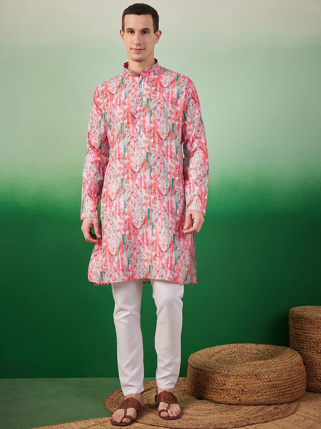 

Sangria Digital Ethnic Motifs Printed Band Collar Kurta With Pyjama, Pink