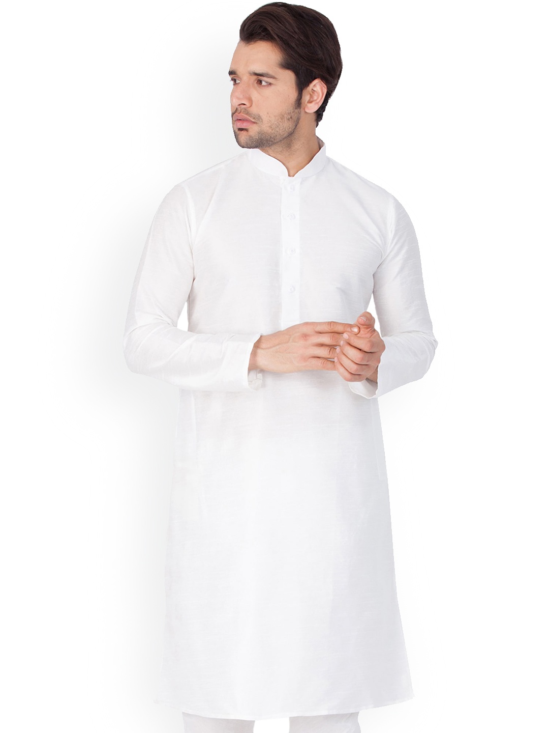 

Mitera Mandarin Collar Banglori Silk Kurta with Pyjamas, White
