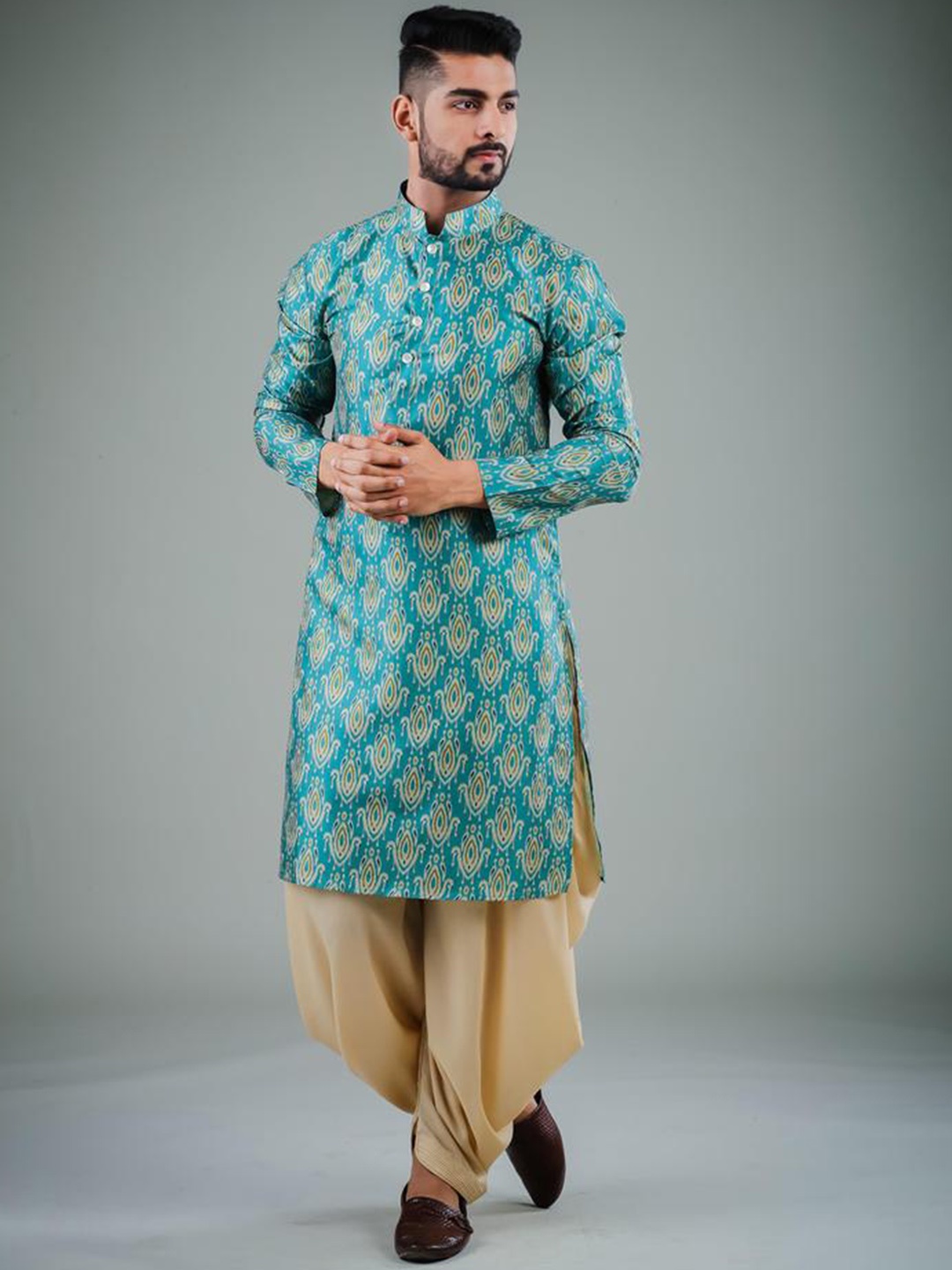 

Mitera Mandarin Collar Ethnic Motifs Printed Regular Kurta with Dhoti Pants, Teal