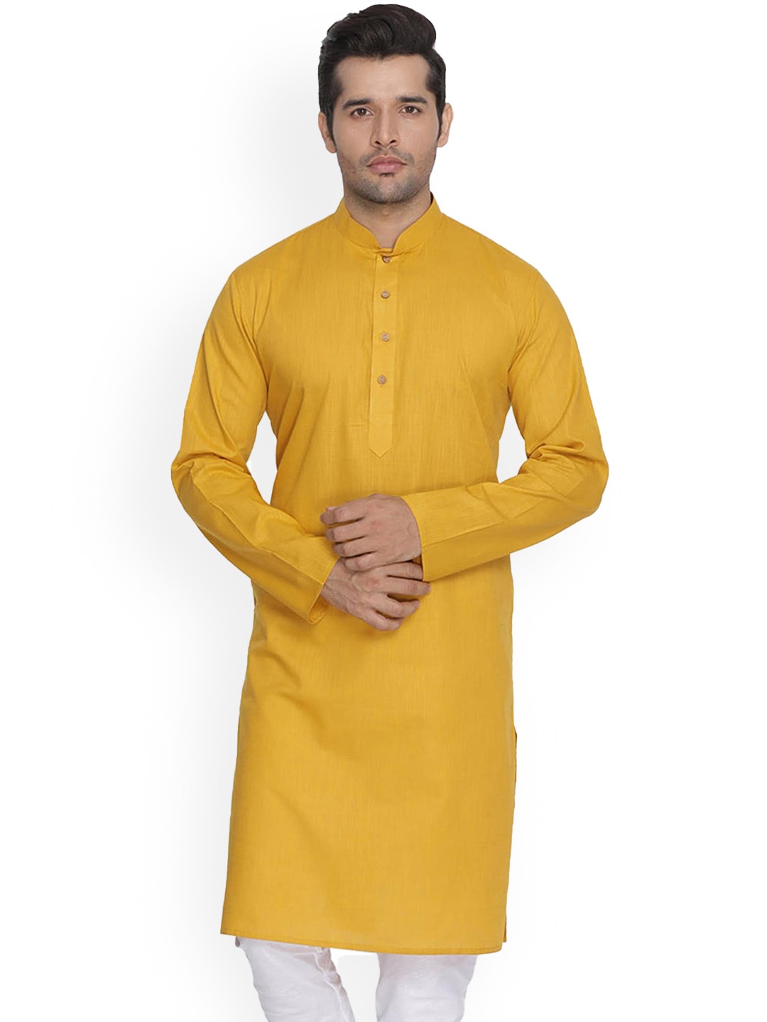 

Mitera Mandarin Collar Regular Kurta with Pyjamas, Mustard