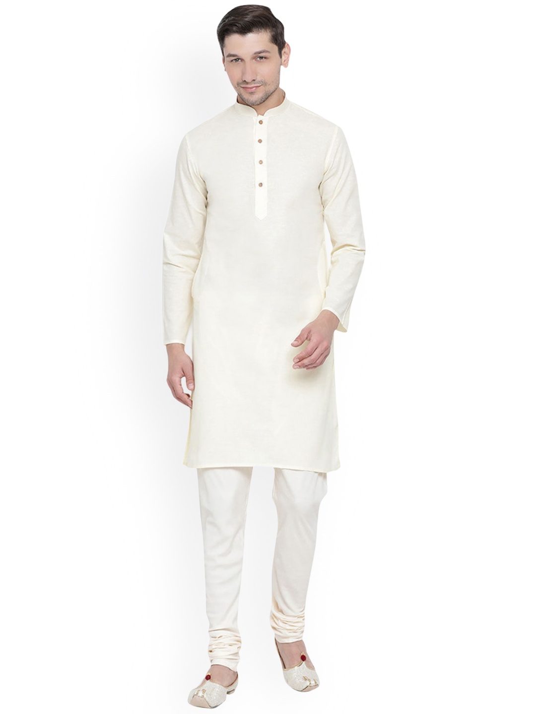 

Mitera Cream Mandarin Collar Kurta With Pyjama