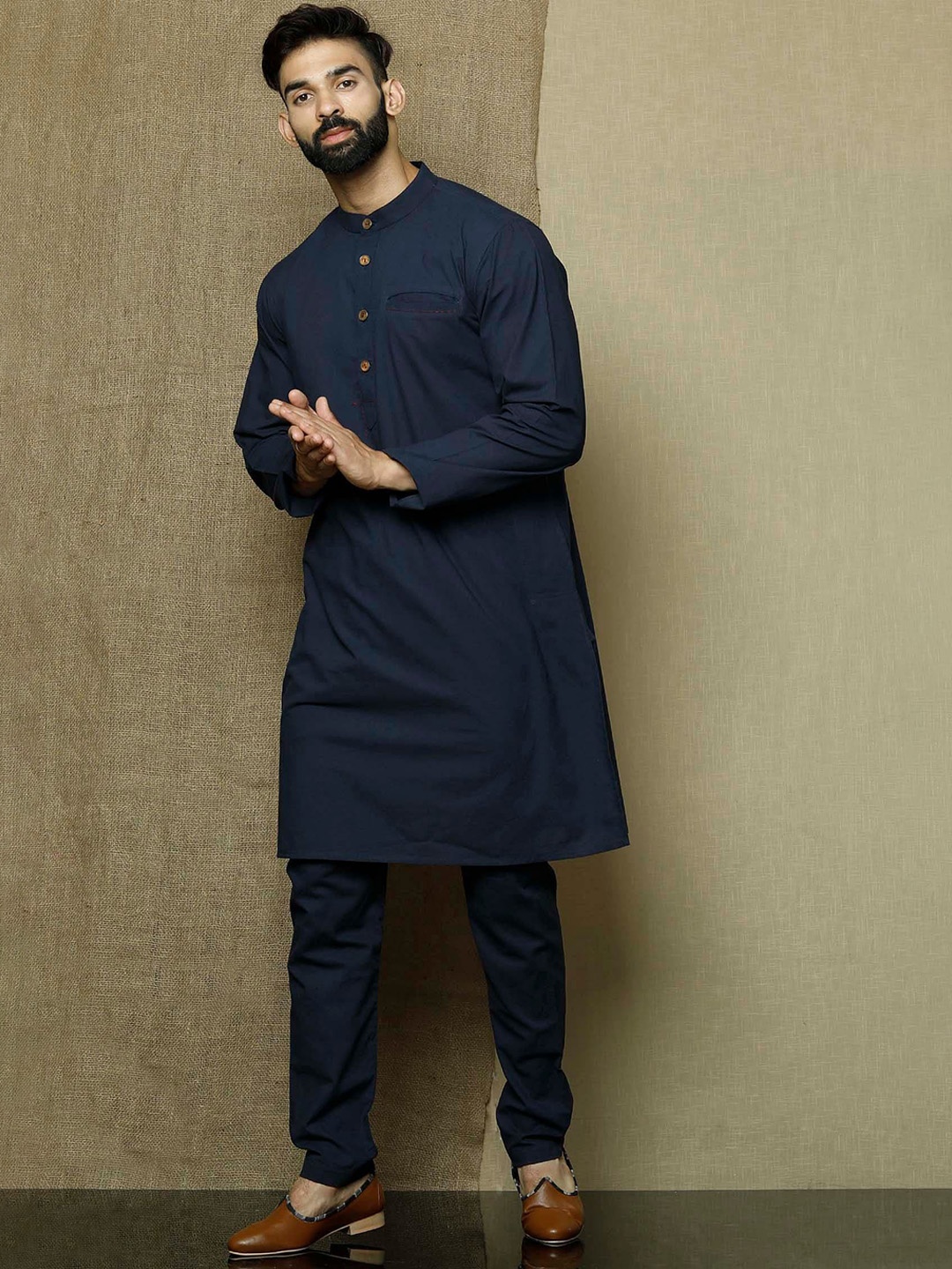 

Mitera Navy Blue Mandarin Collar Straight Kurta With Pyjamas