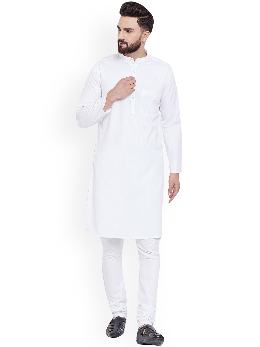 

Mitera White Mandarin Collar Kurta With Pyjama