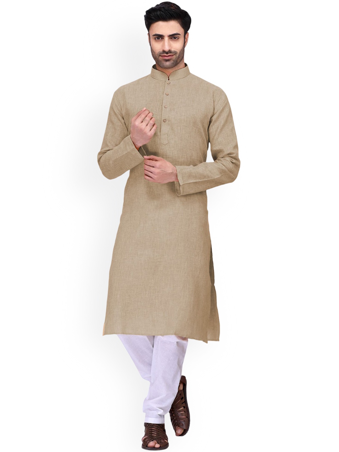 

Mitera Beige Mandarin Collar Kurta With Pyjama