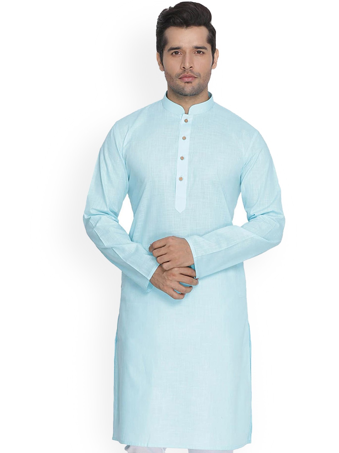 

Mitera Mandarin Collar Regular Kurta with Pyjamas, Blue