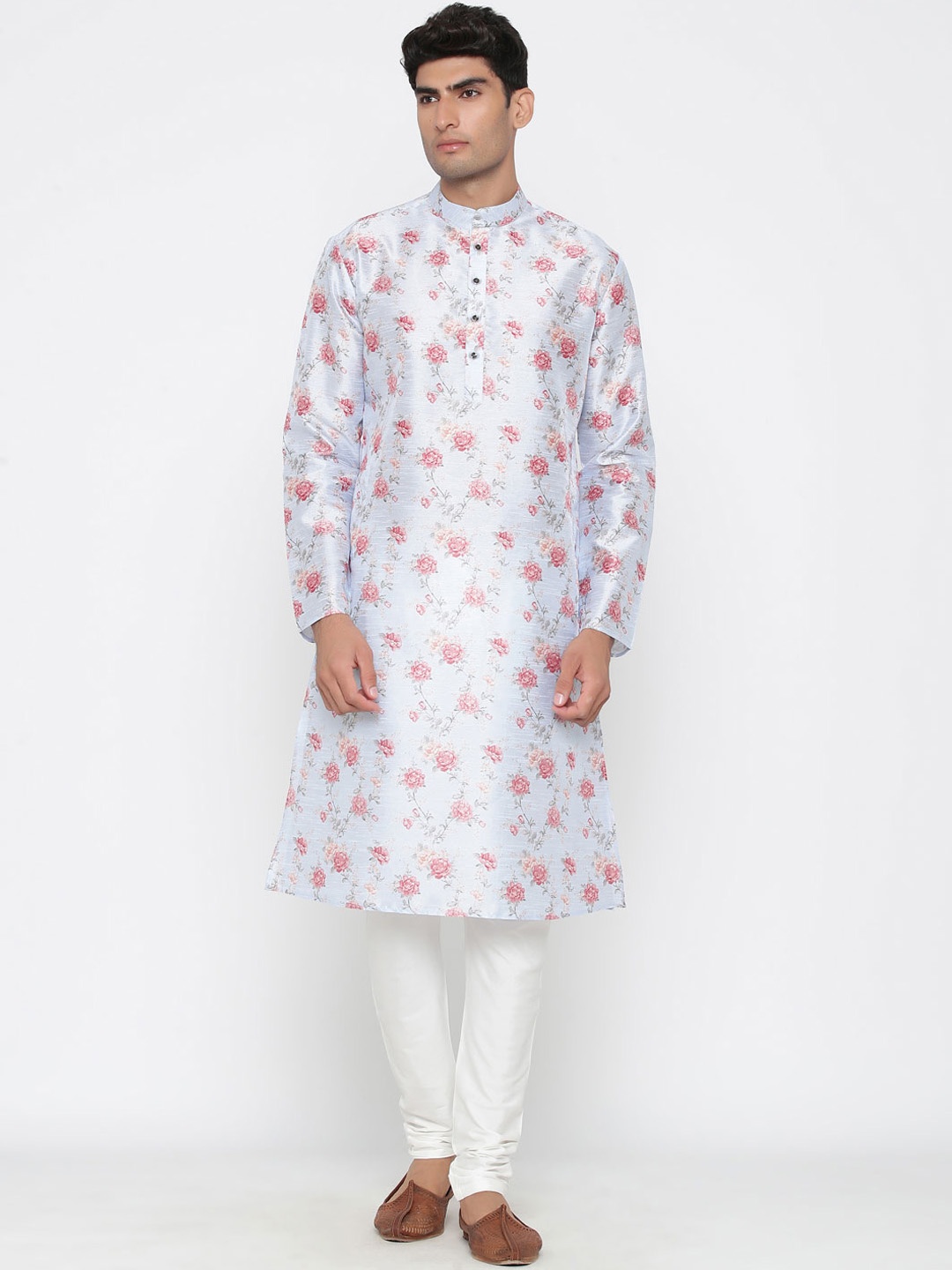 

Mitera Blue Floral Printed Mandarin Collar Straight Kurta With Pyjamas