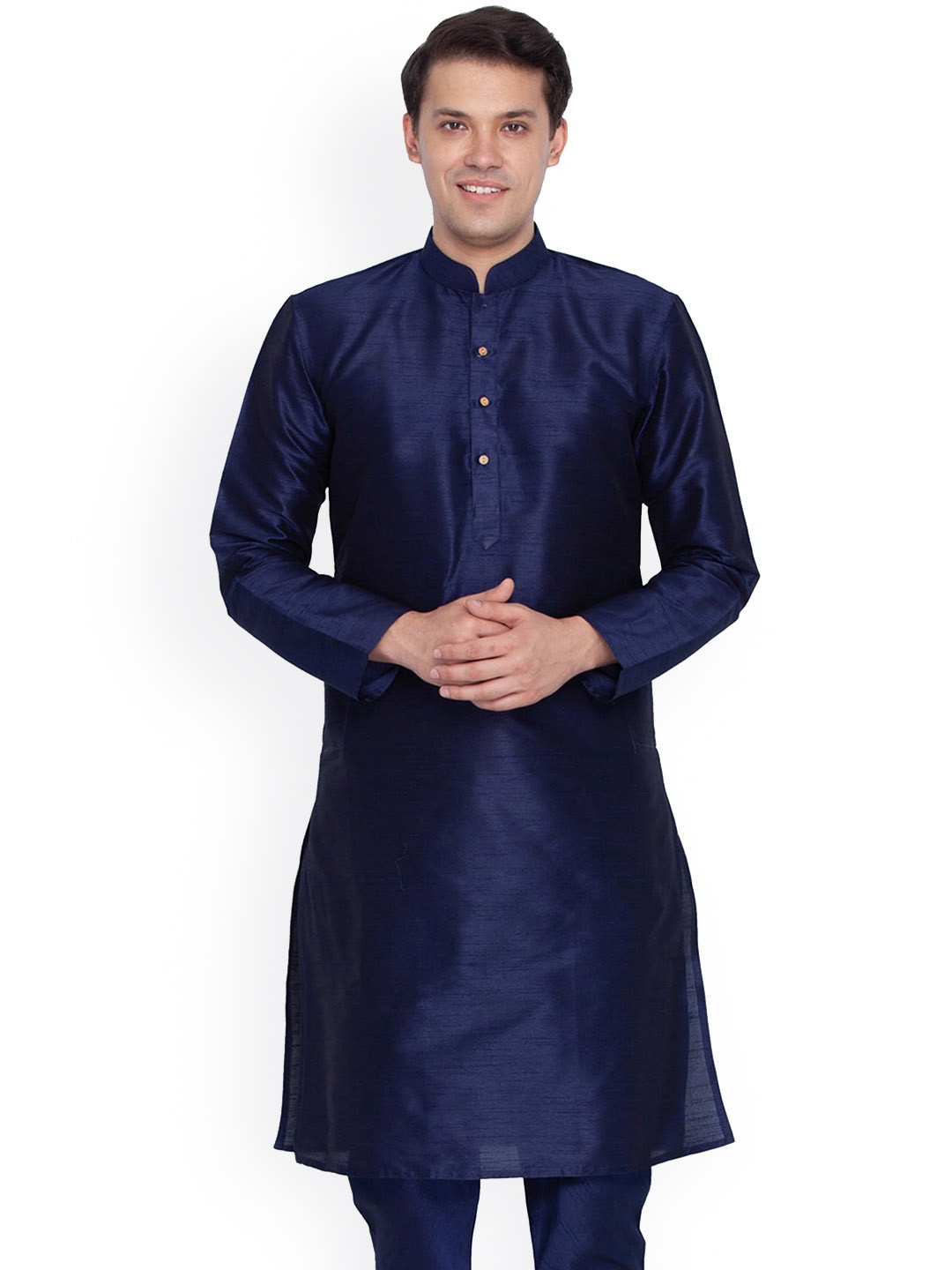 

Mitera Mandarin Collar Regular Kurta with Pyjamas, Navy blue