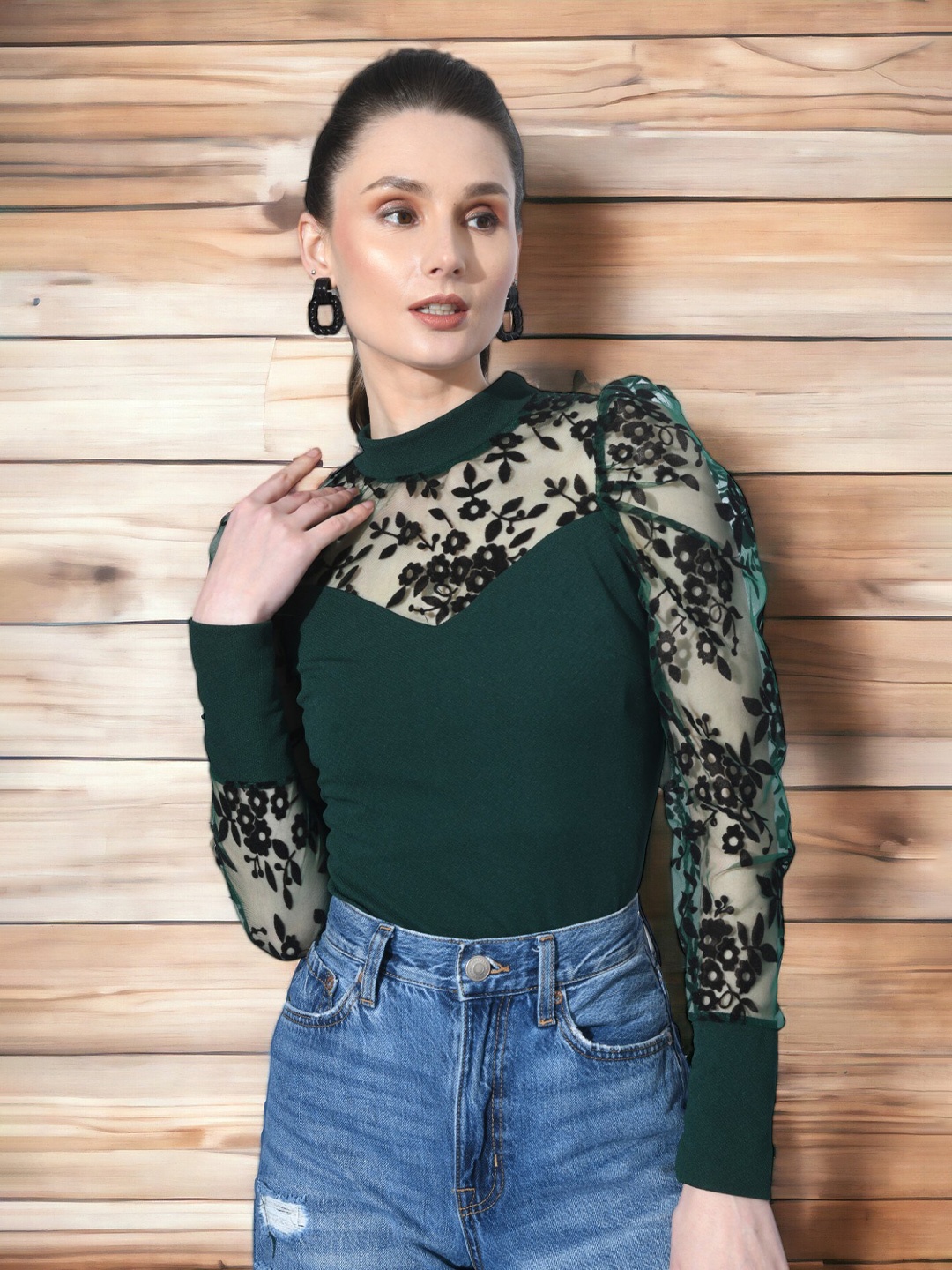 

Moshe High Neck Long Puff Sleeves Top, Green