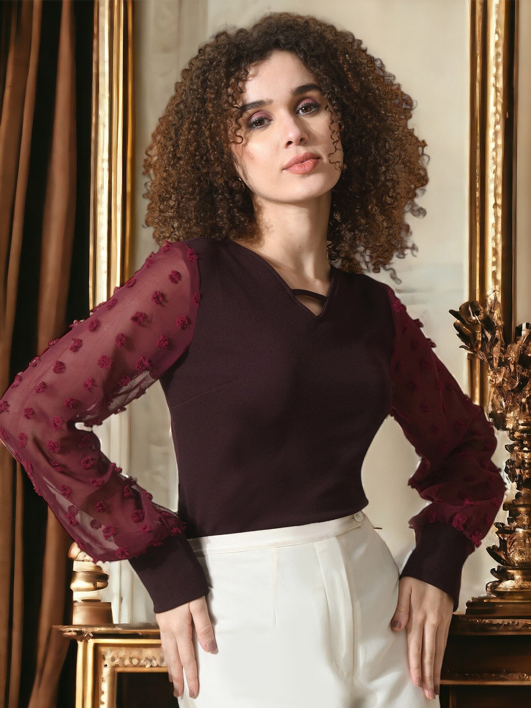 

Moshe V-Neck Long Cuffed Sleeves Top, Purple