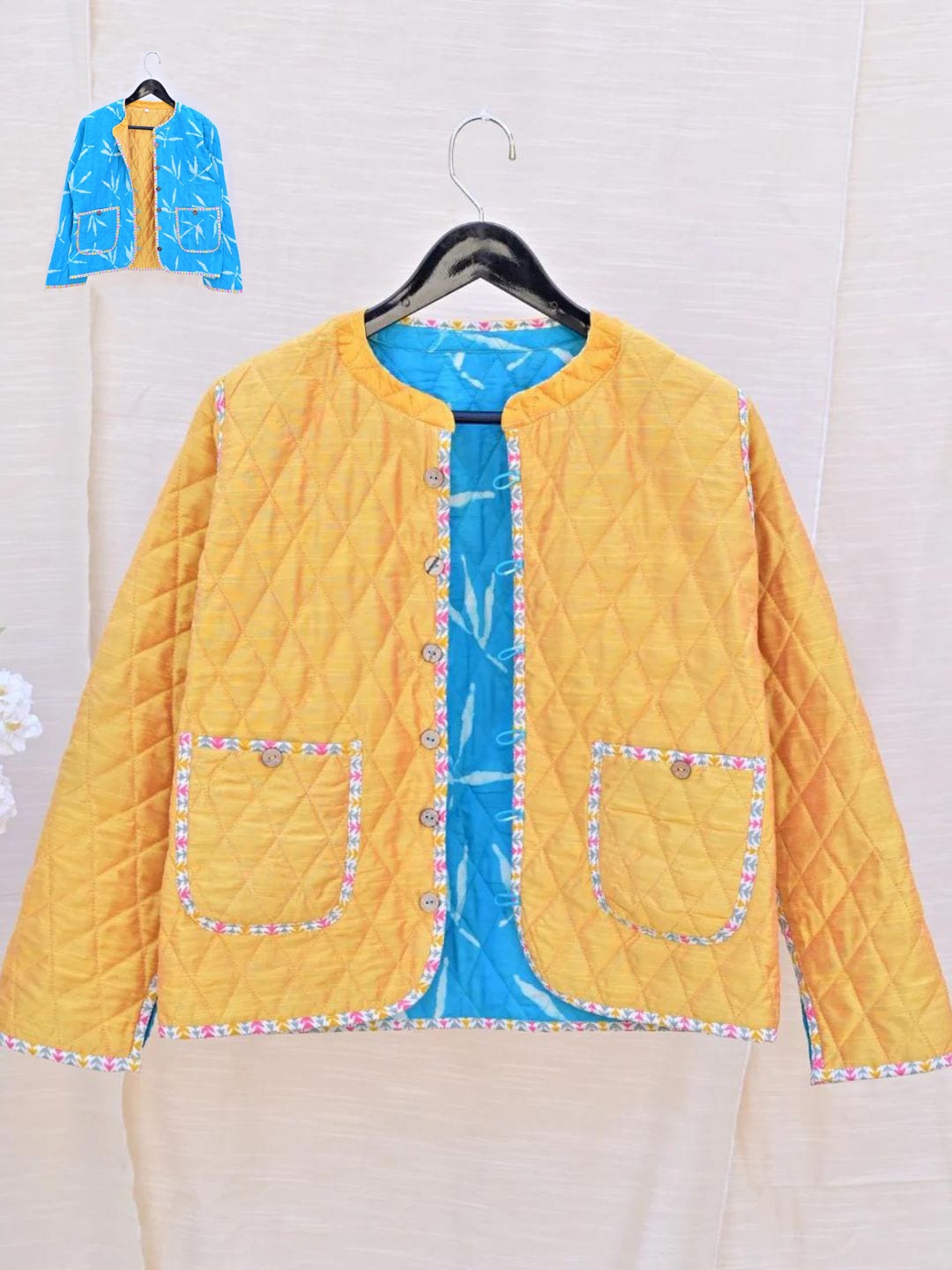 

Mera Rang Women Collarless Reversible Cotton Quilted Jacket, Yellow