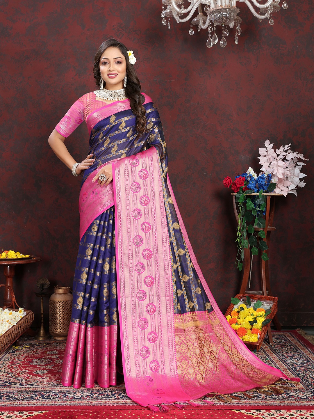 

bansari textiles Ethnic Woven Design Zari Silk Cotton Banarasi Saree, Blue