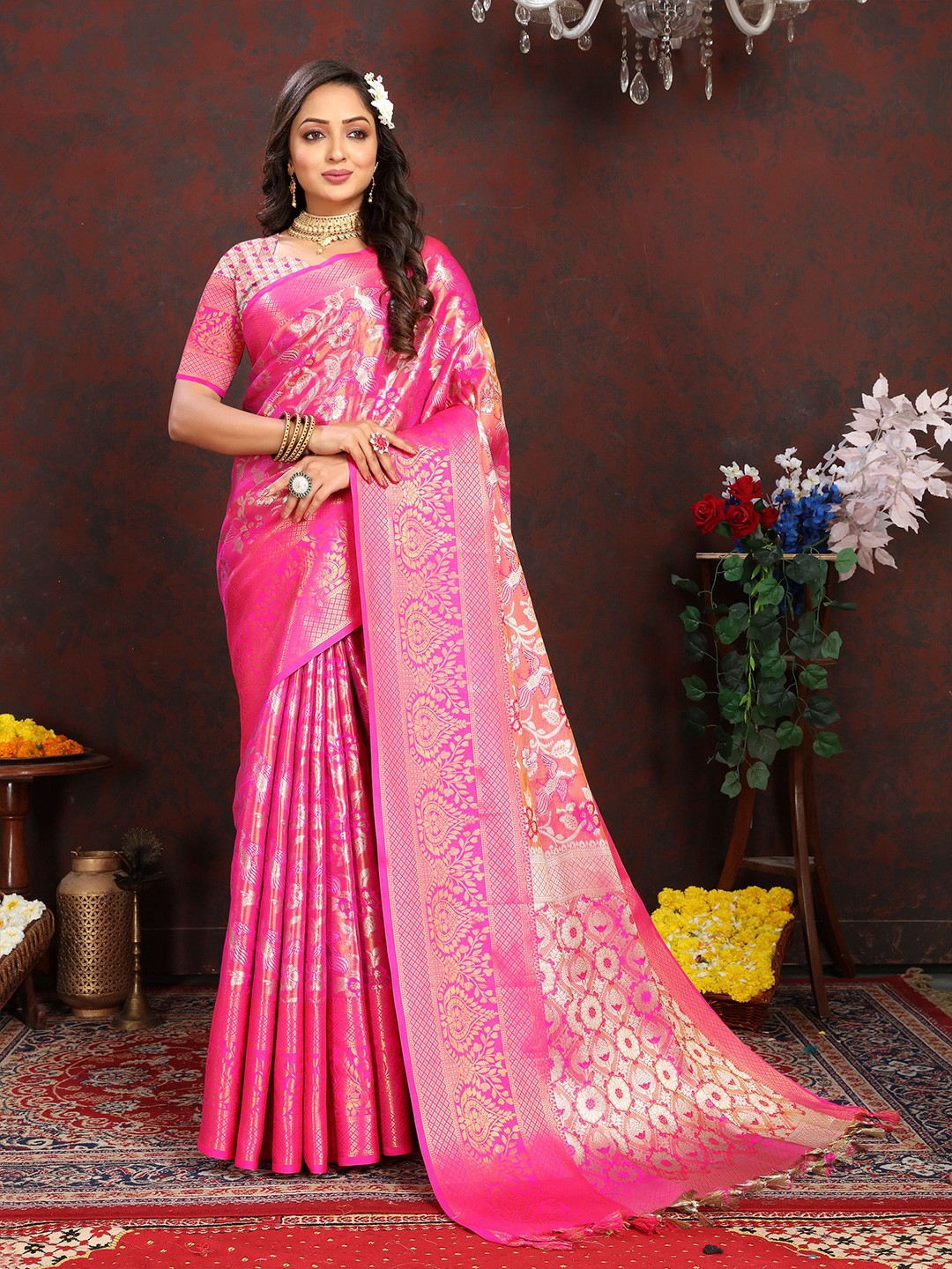 

bansari textiles Woven Design Zari Silk Cotton Banarasi Saree, Pink
