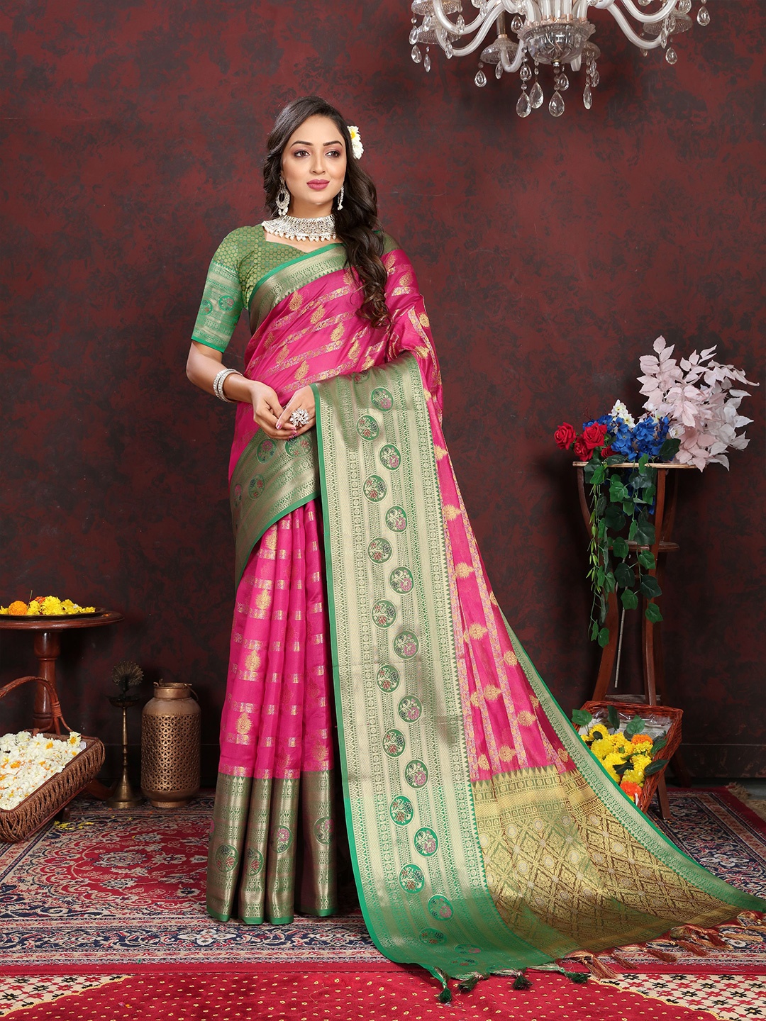 

bansari textiles Ethnic Motifs Woven Design Zari Silk Cotton Banarasi Saree, Pink
