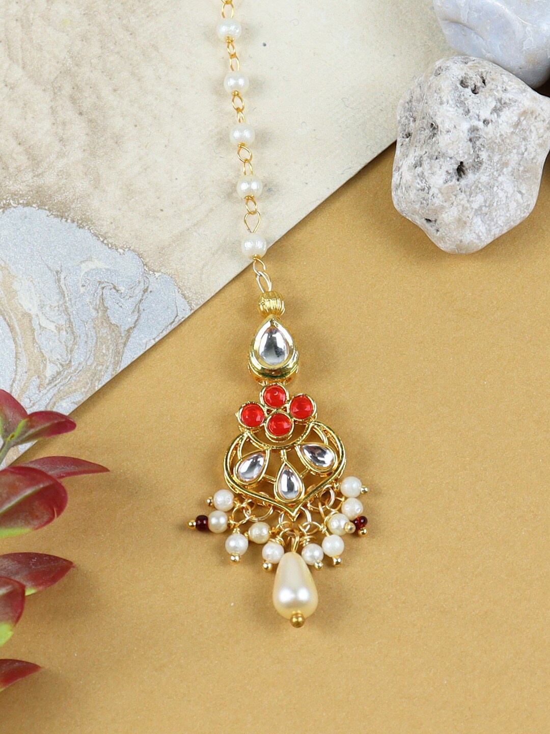 

Asthetika Kids Girls Kundan Studded Maang Tikka Head Jewellery, Red