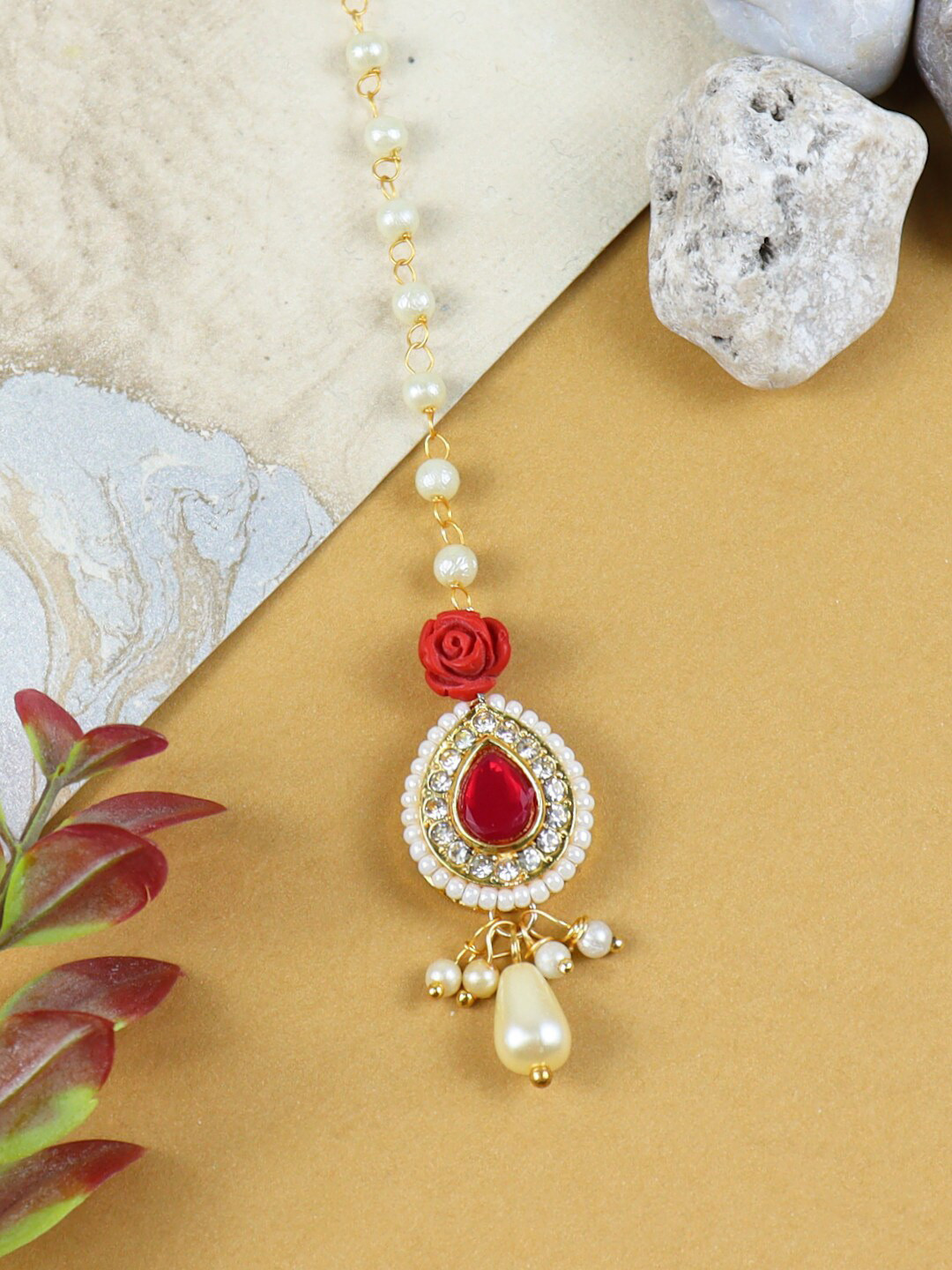 

Asthetika Kids Girls Kundan Studded Maang Tikka Head Jewellery, Red