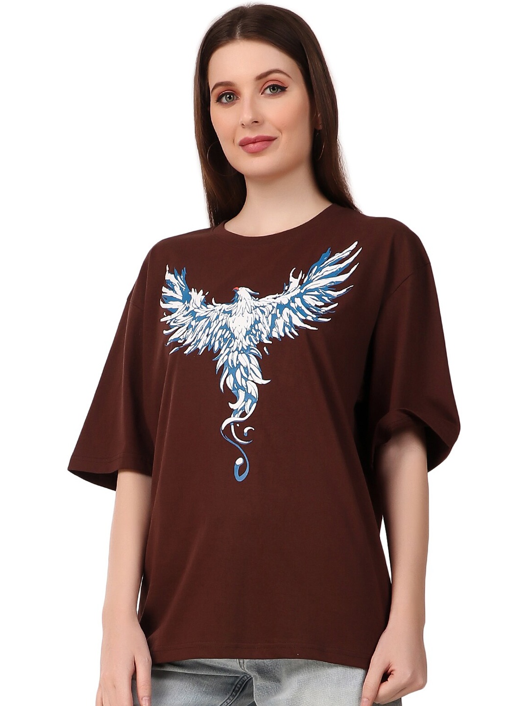 

TRENDY RABBIT Graphic Printed Drop Shoulder Sleeves Cotton Oversized T-shirt, Coffee brown