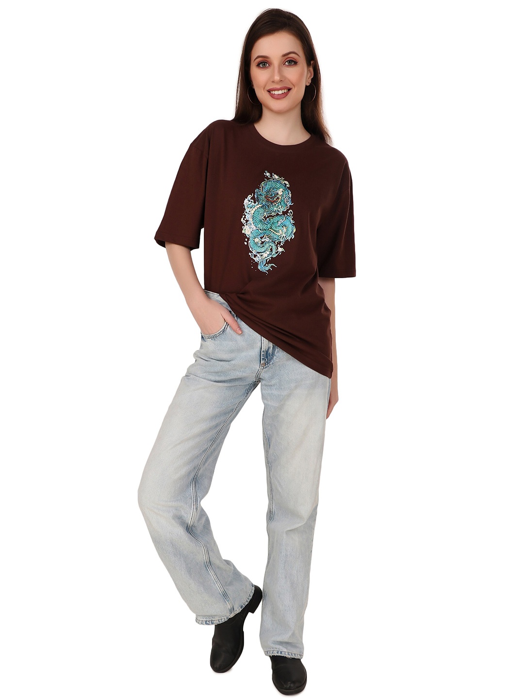 

TRENDY RABBIT Graphic Printed Drop Shoulder Sleeves Cotton Oversized T-shirt, Coffee brown