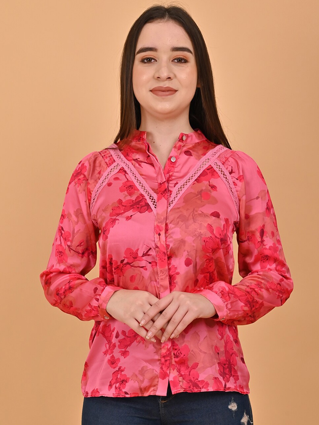 

NoBarr Comfort Floral Printed Mandarin Collar Casual Shirt, Pink