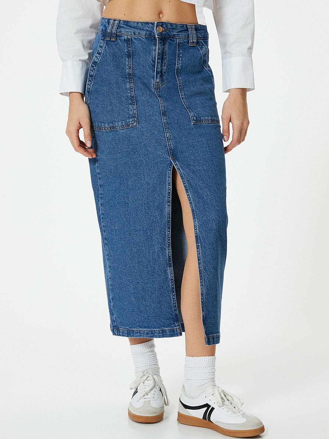 

Koton Straight Front Slit Midi Skirt, Blue