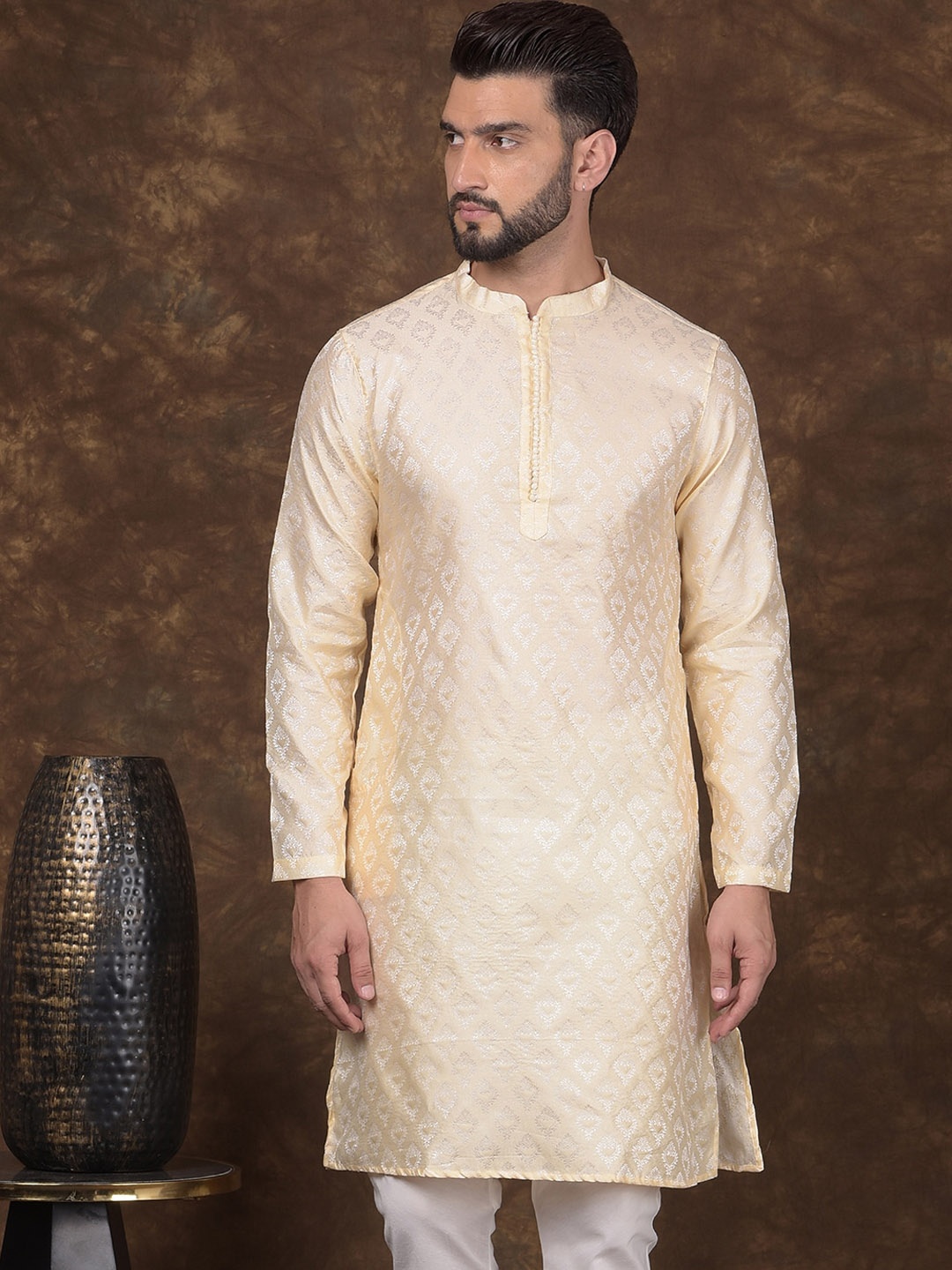 

DEYANN Woven Design Mandarin Collar Jacquard Straight Kurta, Cream