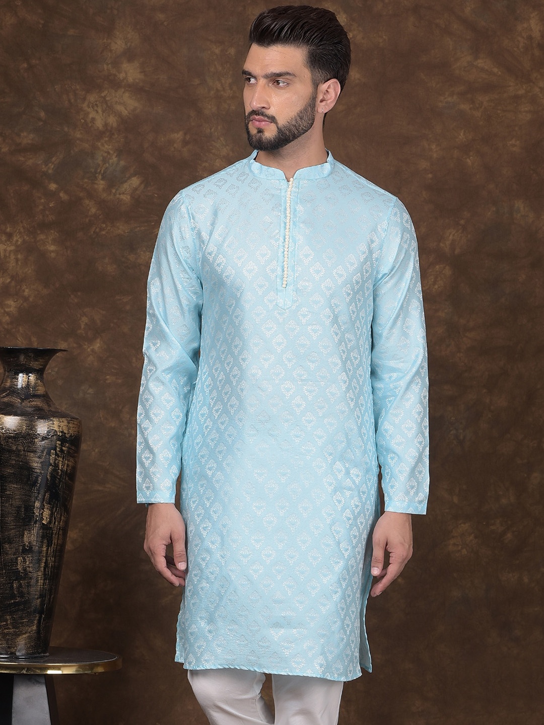 

DEYANN Ethnic Motifs Woven Design Mandarin Collar Jacquard Silk Kurta, Blue