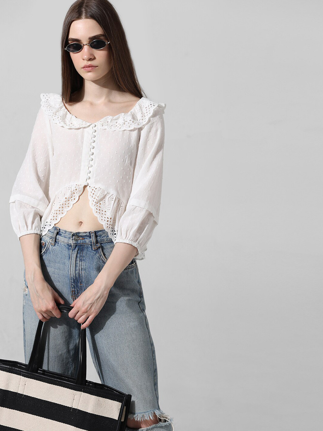 

ONLY Self Design Ruffled Puff Sleeves Pure Cotton Crop Top, White