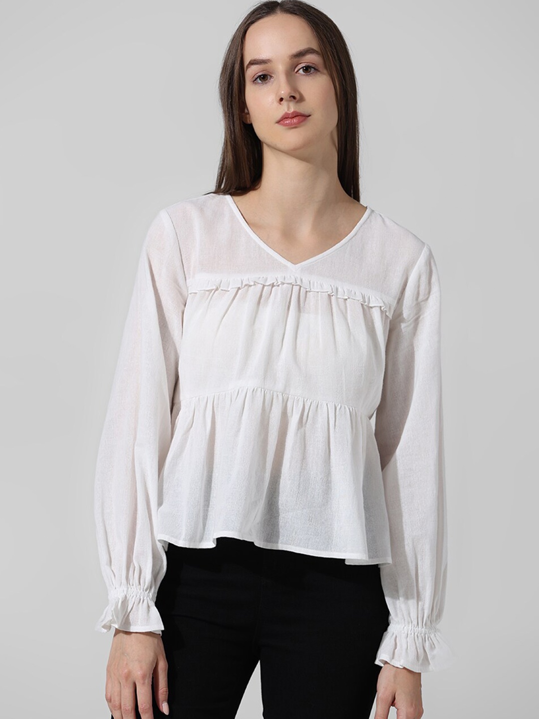 

ONLY Ruffled Bell Sleeves V-Neck Pure Cotton Tiered Top, White