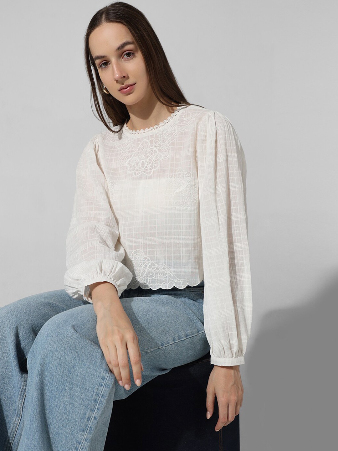

ONLY Self Design Lace Detail Cuffed Sleeves Cotton Top, White