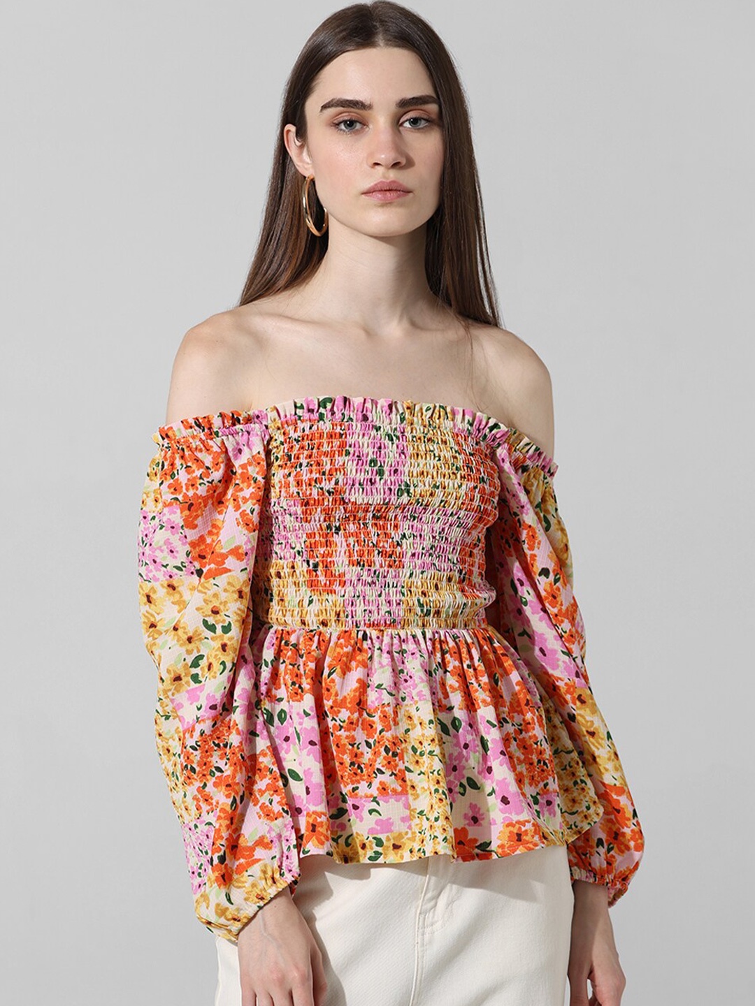 

ONLY Floral Printed Square Neck Smocked Puff Sleeves Cinched Waist Top, Orange