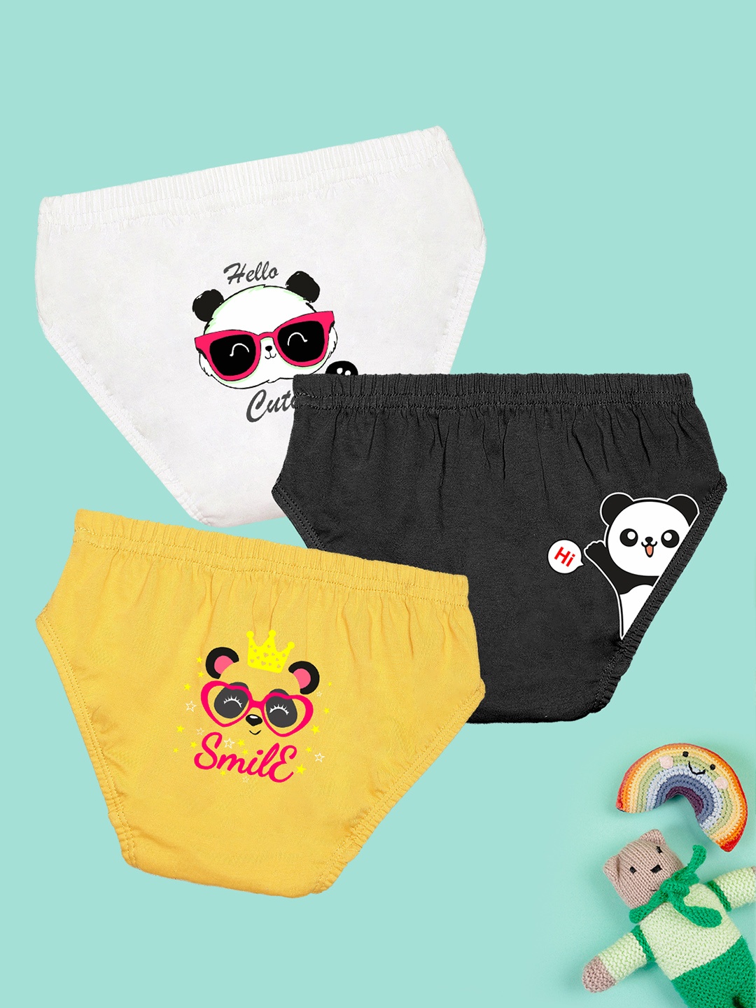 

NUSYL Girls Pack of 3 Panda Printed Cotton Snug-Fit Basic Briefs NUGCBRFPO3.0008, Black