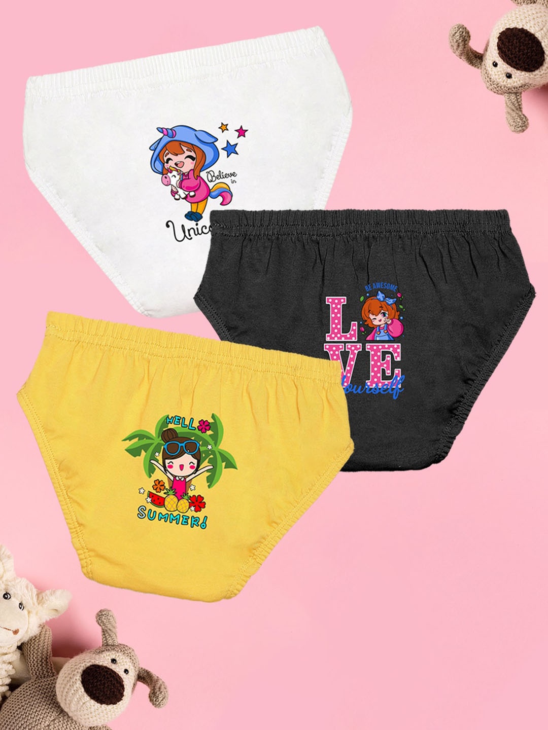 

NUSYL Girls Pack Of 3 Printed Cotton Basic Briefs NUGCBRFPO3.0005, White