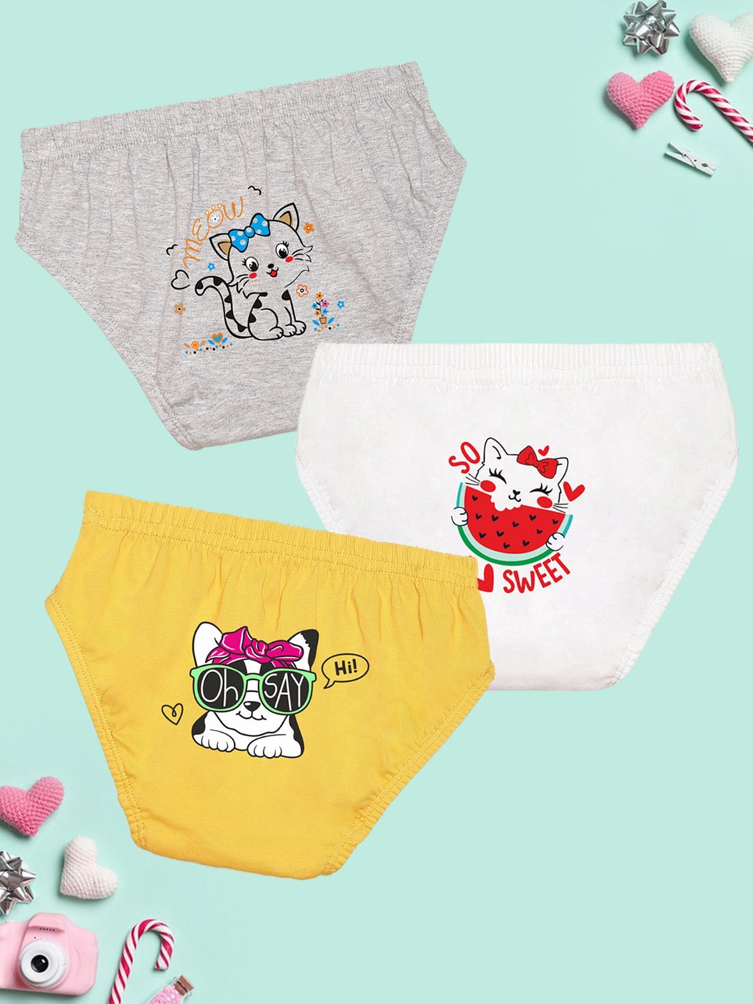 

NUSYL Girls Pack of 3 Printed Cotton Basic Briefs NUGCBRFPO3.0002, White