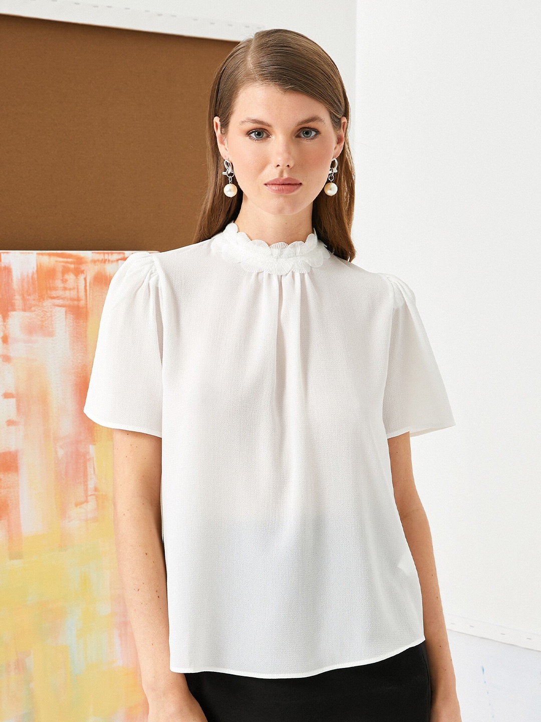 

Koton Mock Neck Puff Sleeves Top, Off white