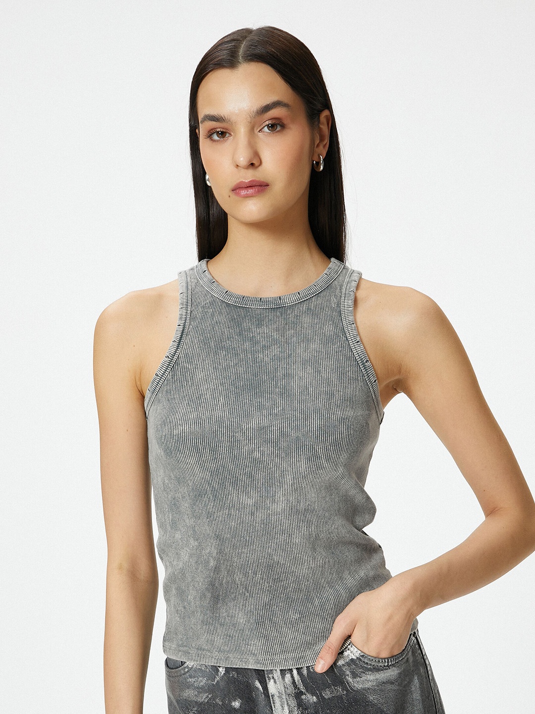 

Koton Round Neck Cotton Top, Grey