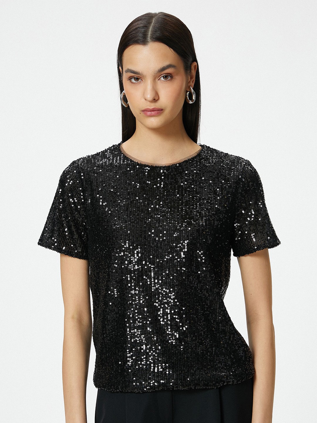 

Koton Round Neck Embellished Crop Top, Black