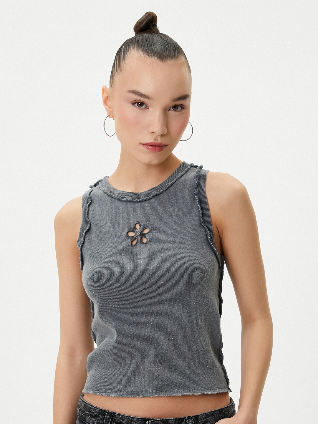 

Koton Self Design Round Neck Sleeveless Cotton Fitted Top, Grey