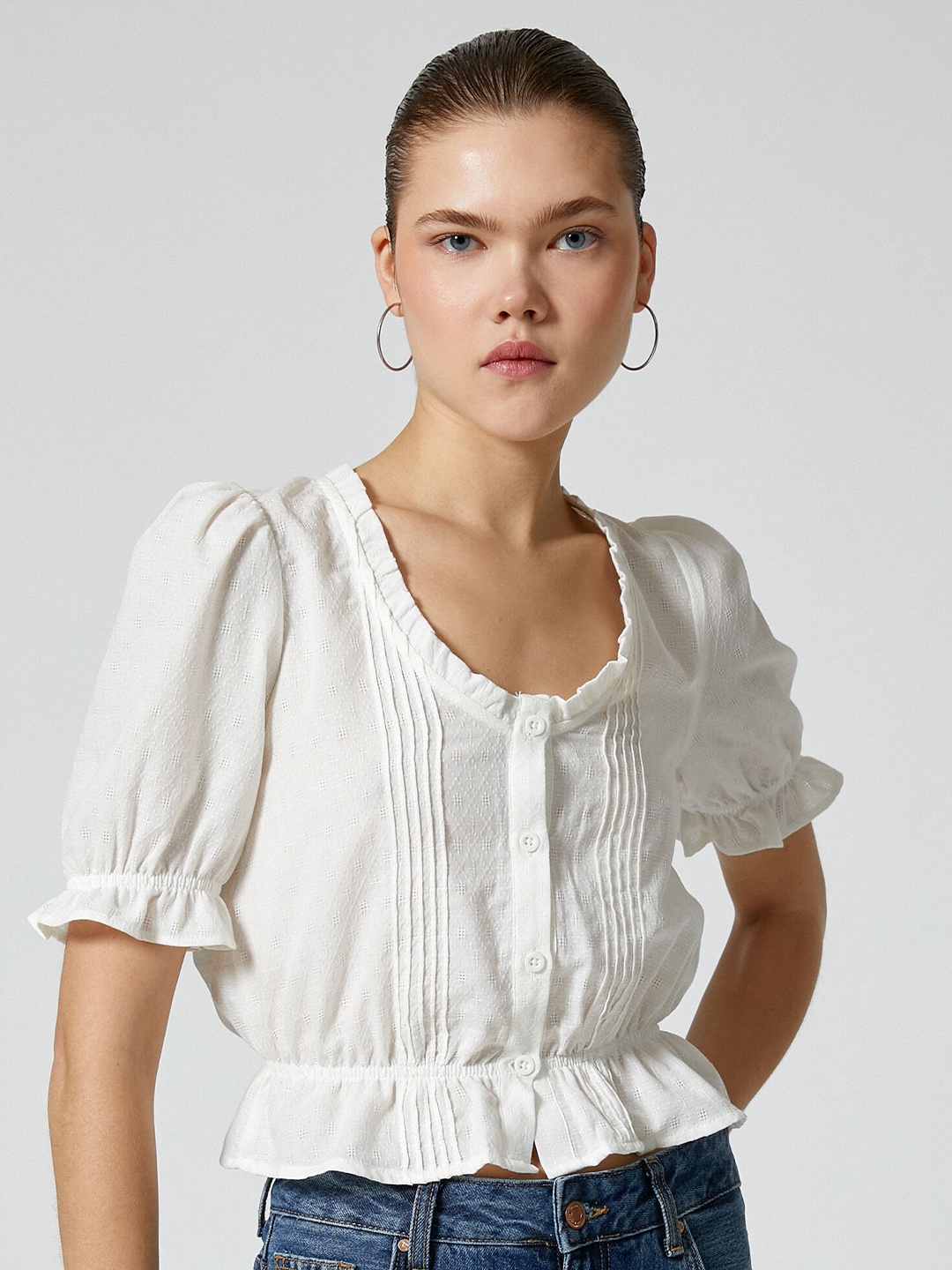 

Koton Striped Puff Sleeve Cotton Cinched Waist Top, White