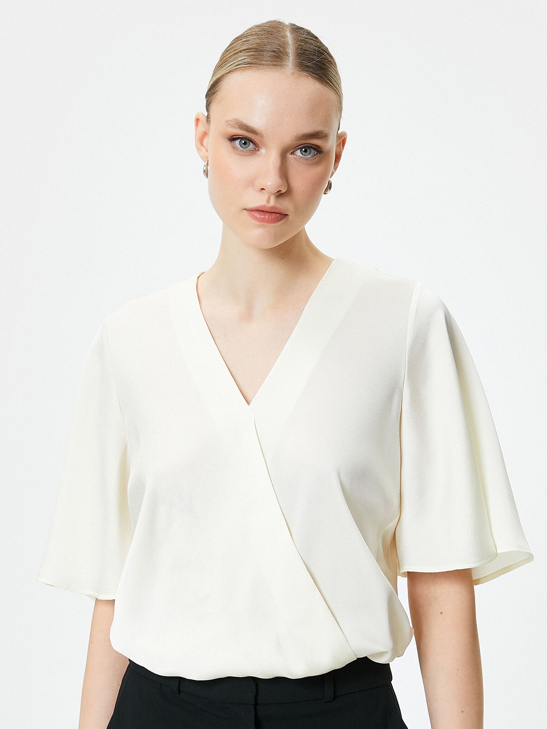 

Koton V-Neck Flared Sleeves Wrap Top, Off white