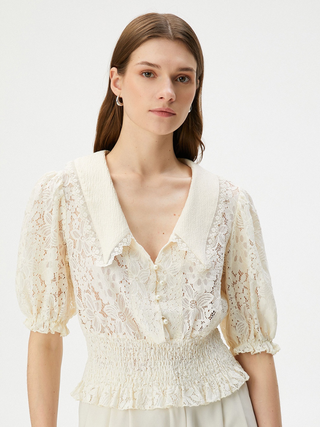 

Koton Self Design V-Neck Puff Sleeve Smocking Blouson Top, Off white