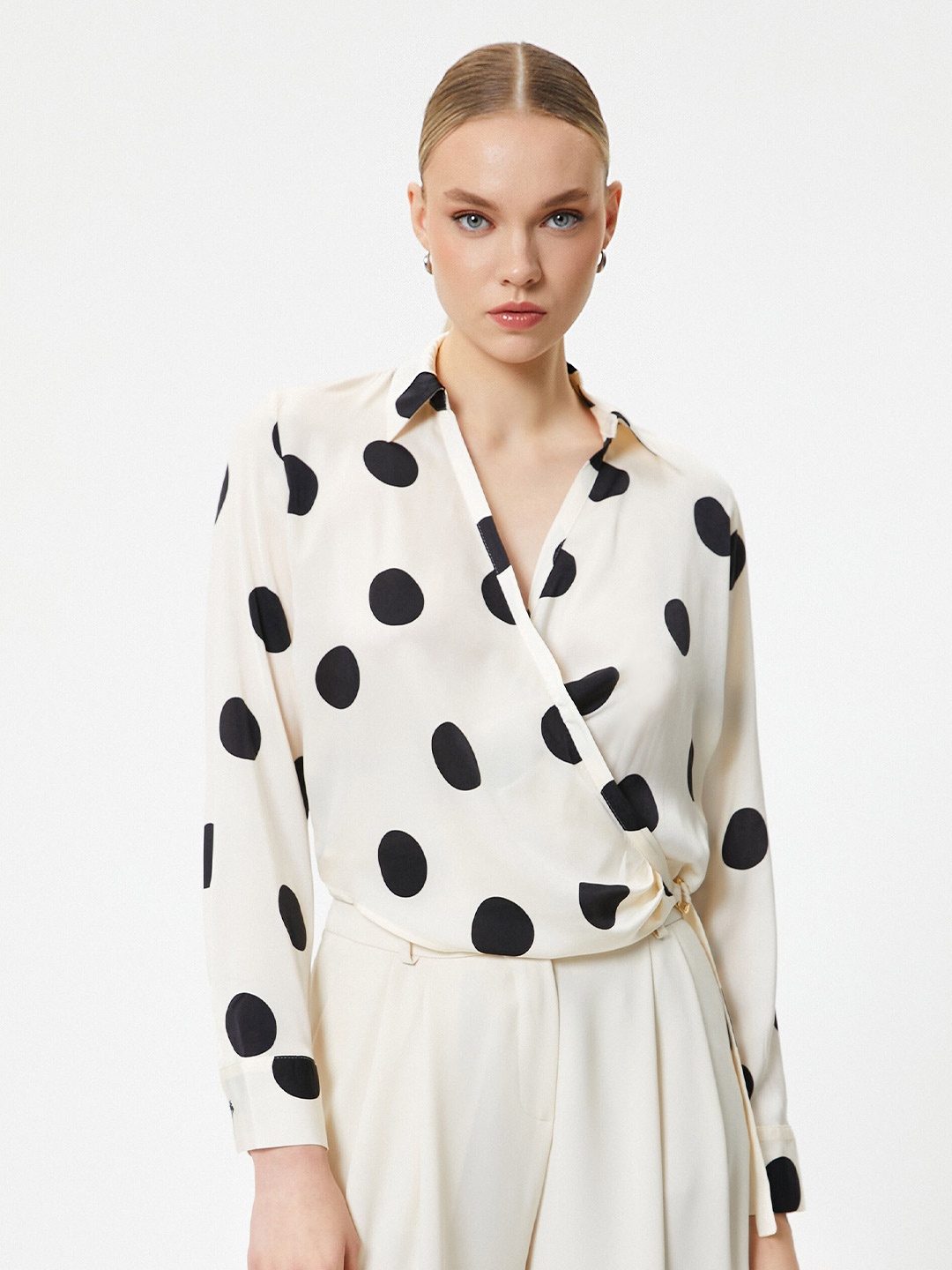 

Koton Polka Dot Printed Cuffed Sleeves Shirt Style Top, Beige