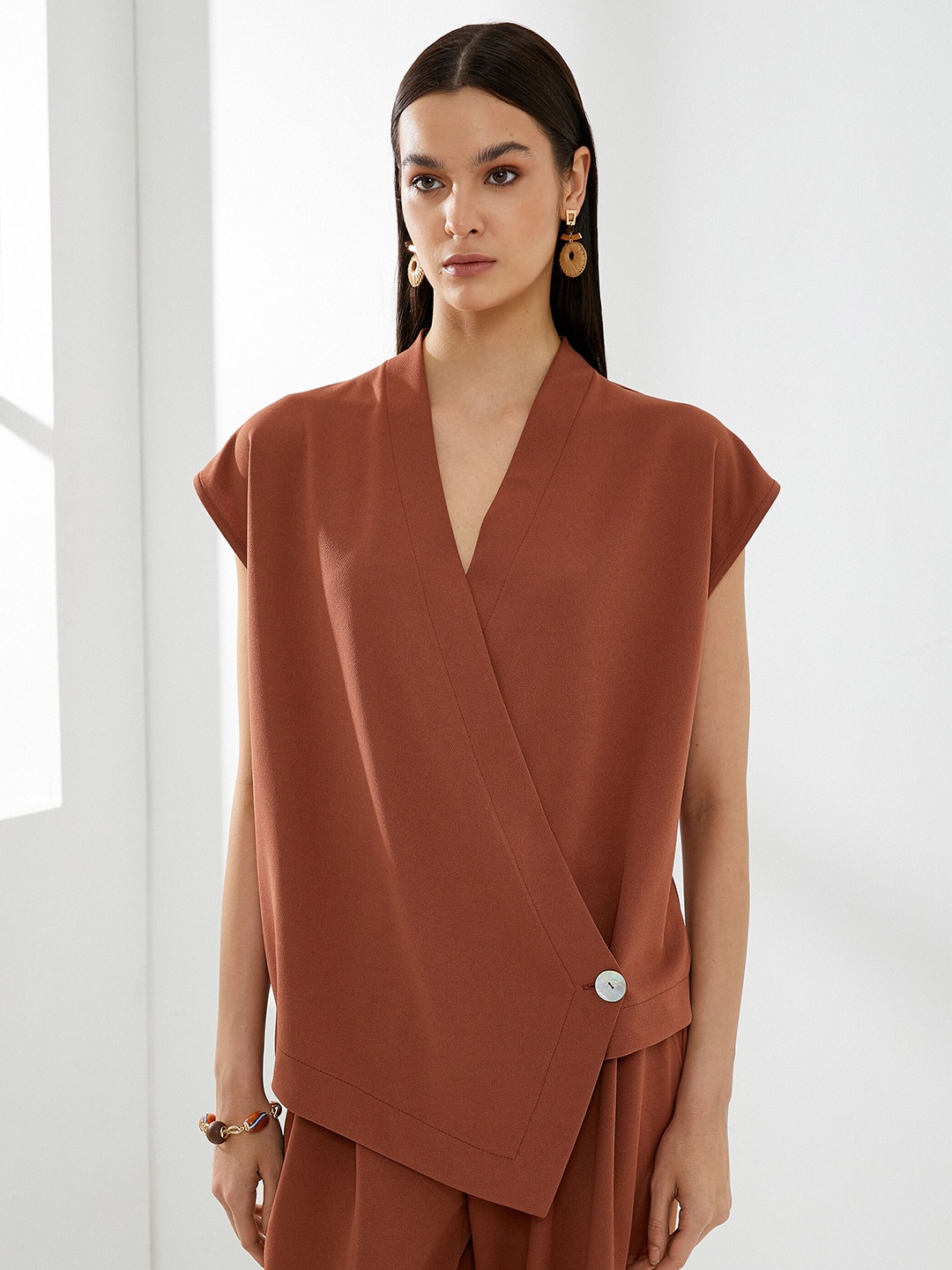 

Koton V-Neck Cap Sleeves Wrap Top, Brown