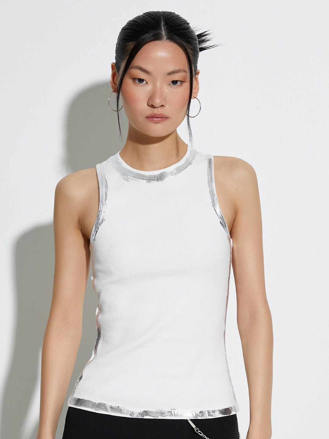 

Koton Self Design Round Neck Sleeveless Cotton Fitted Top, White