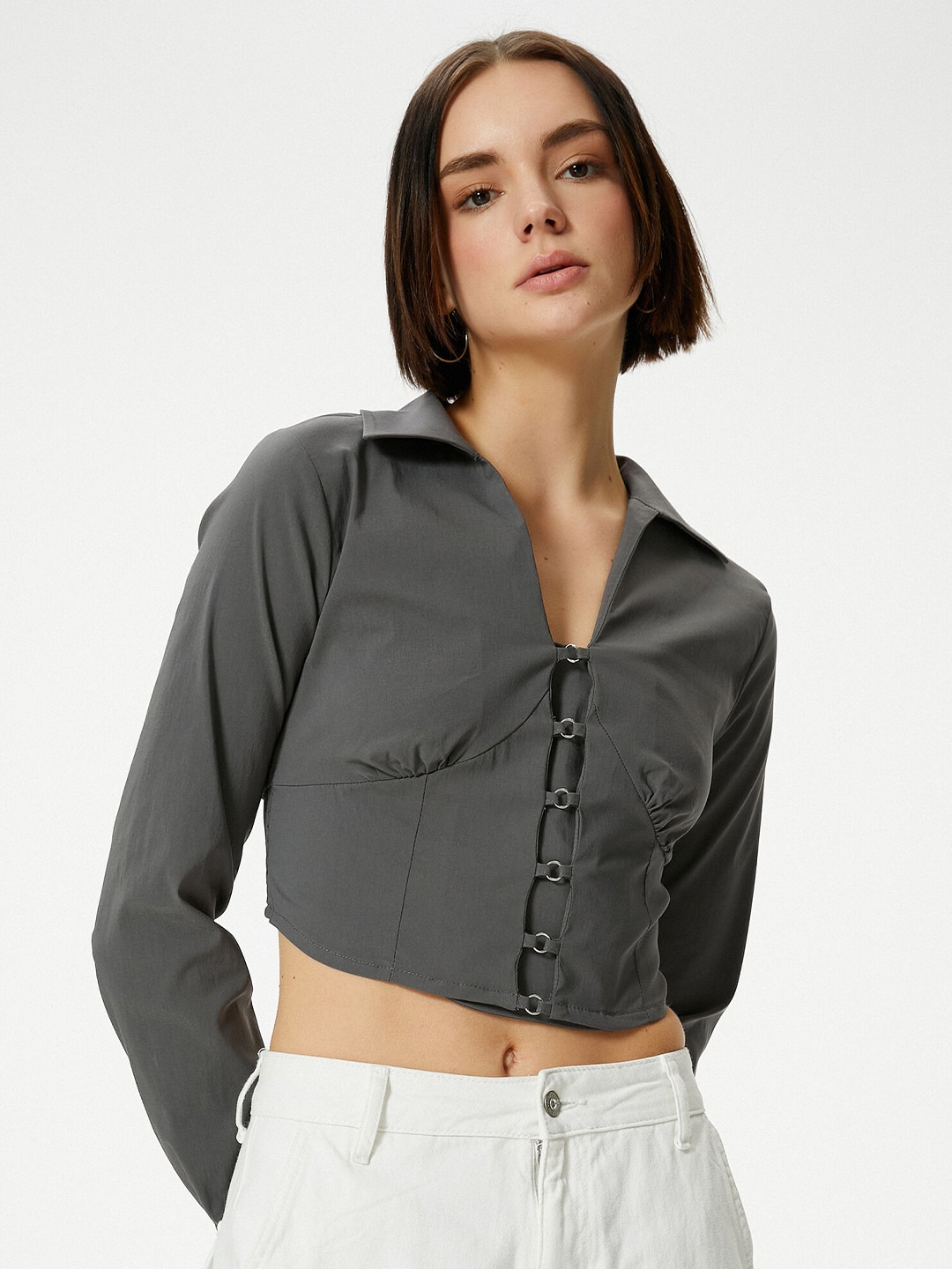 

Koton Shirt Collar Long Sleeves Shirt Style Crop Top, Grey