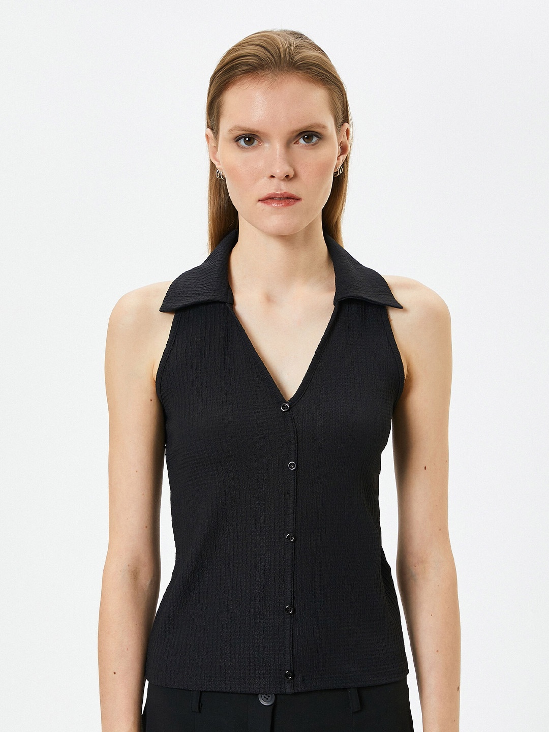 

Koton Shirt Collar Sleeveless Regular Top, Black