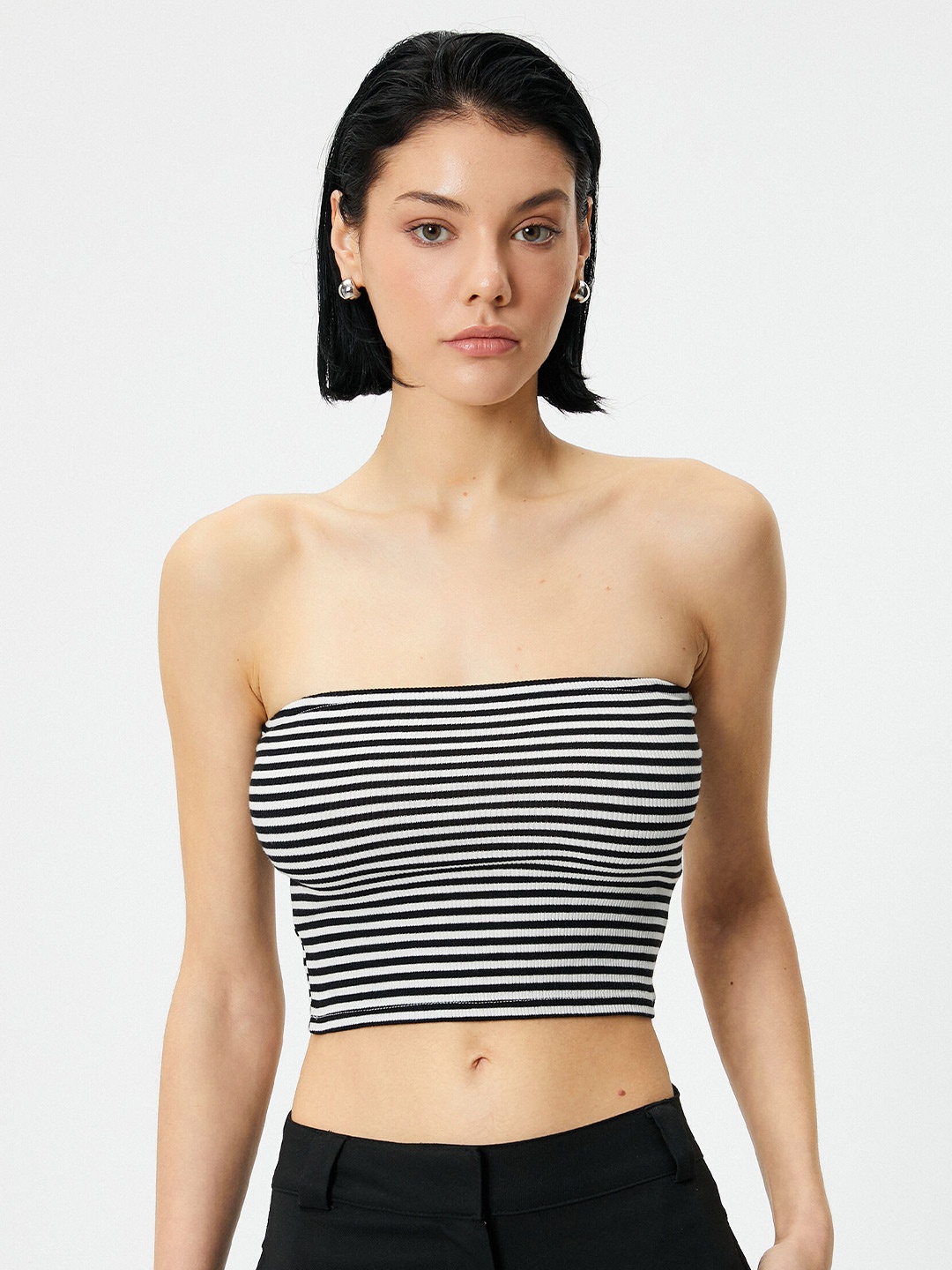 

Koton Striped Cotton Tube Crop Top, Black