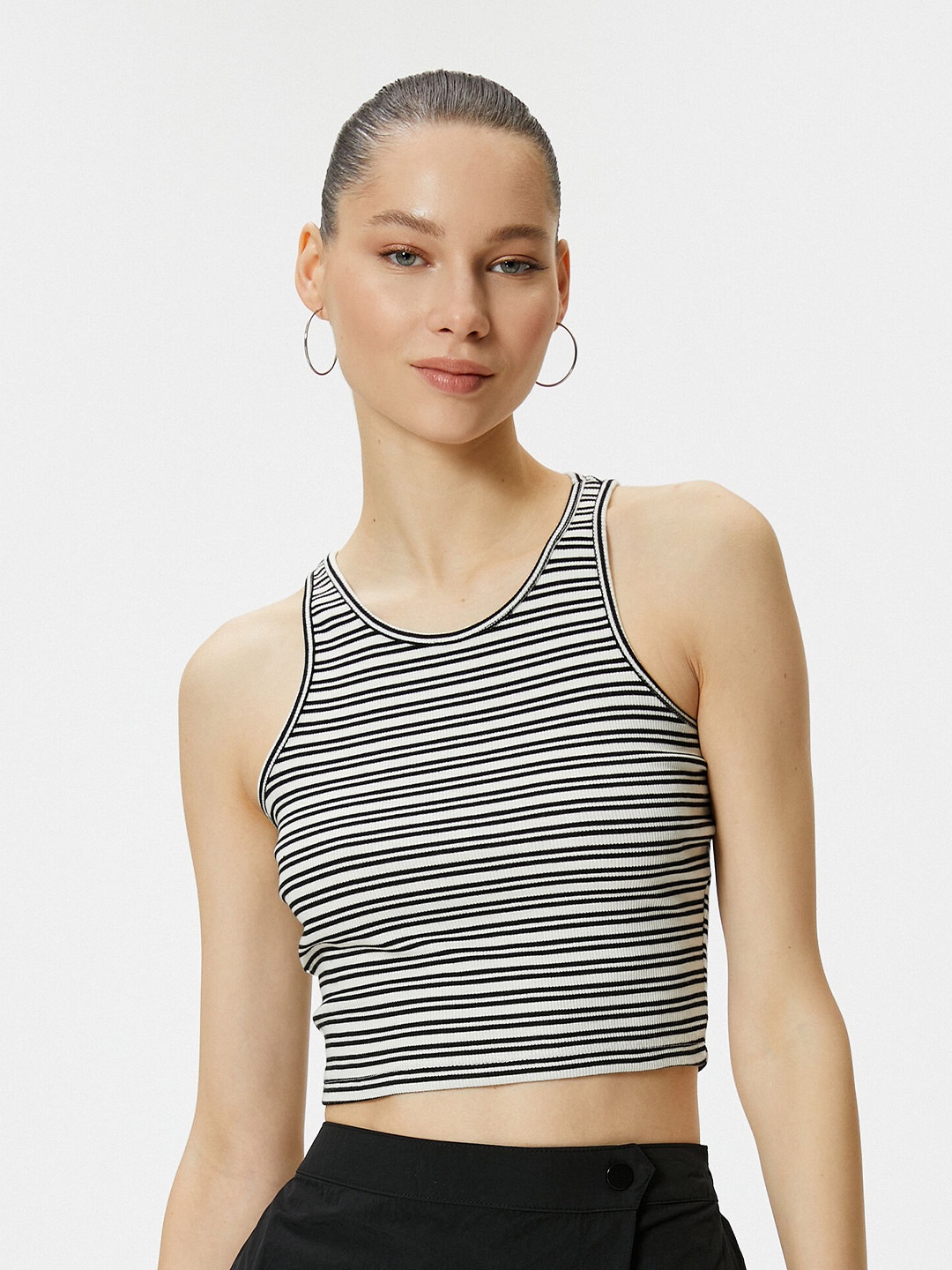 

Koton Round Neck Sleeveless Striped Fitted Crop Top, Beige