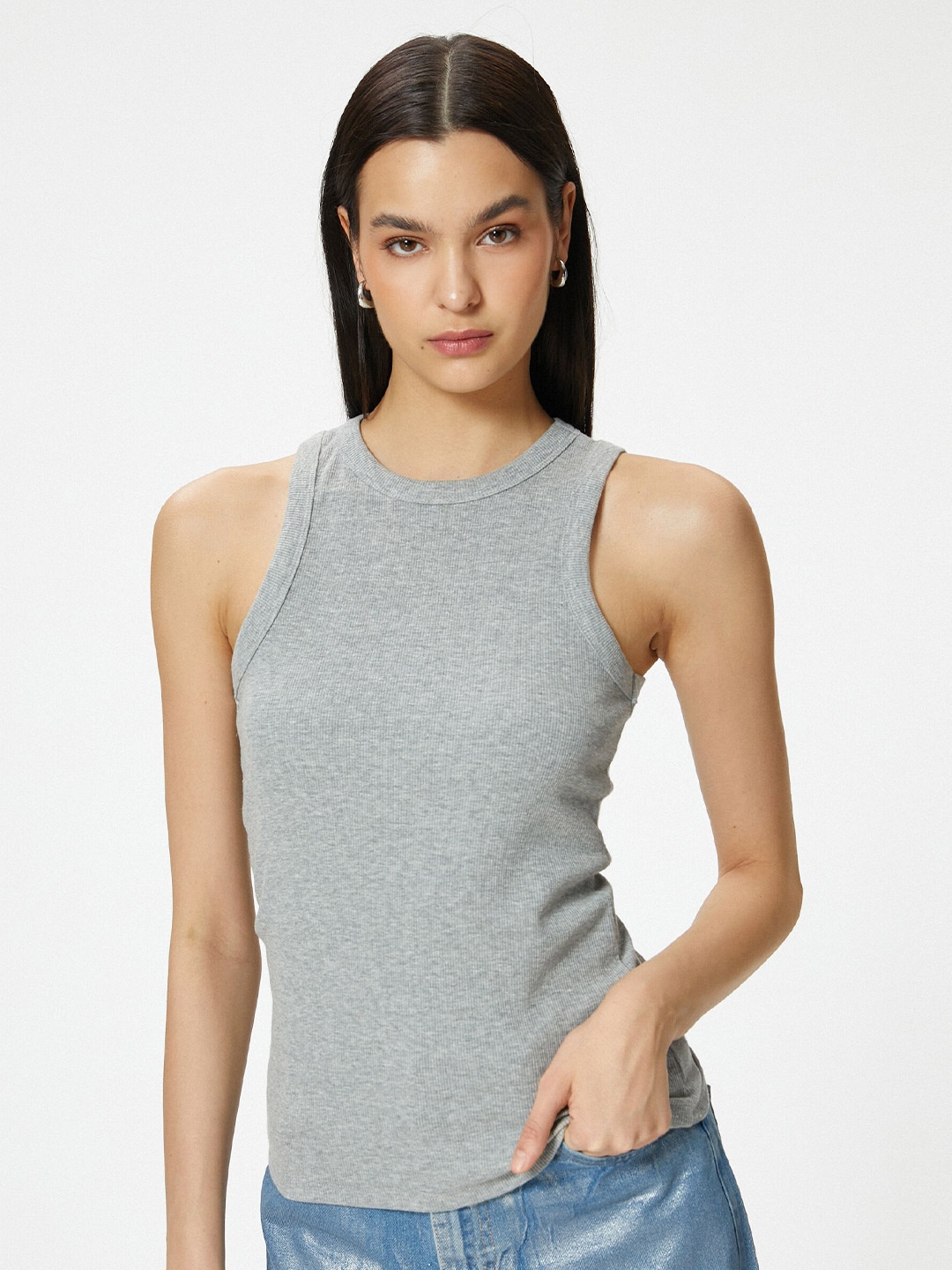 

Koton Round Neck Sleeveless Fitted Top, Grey