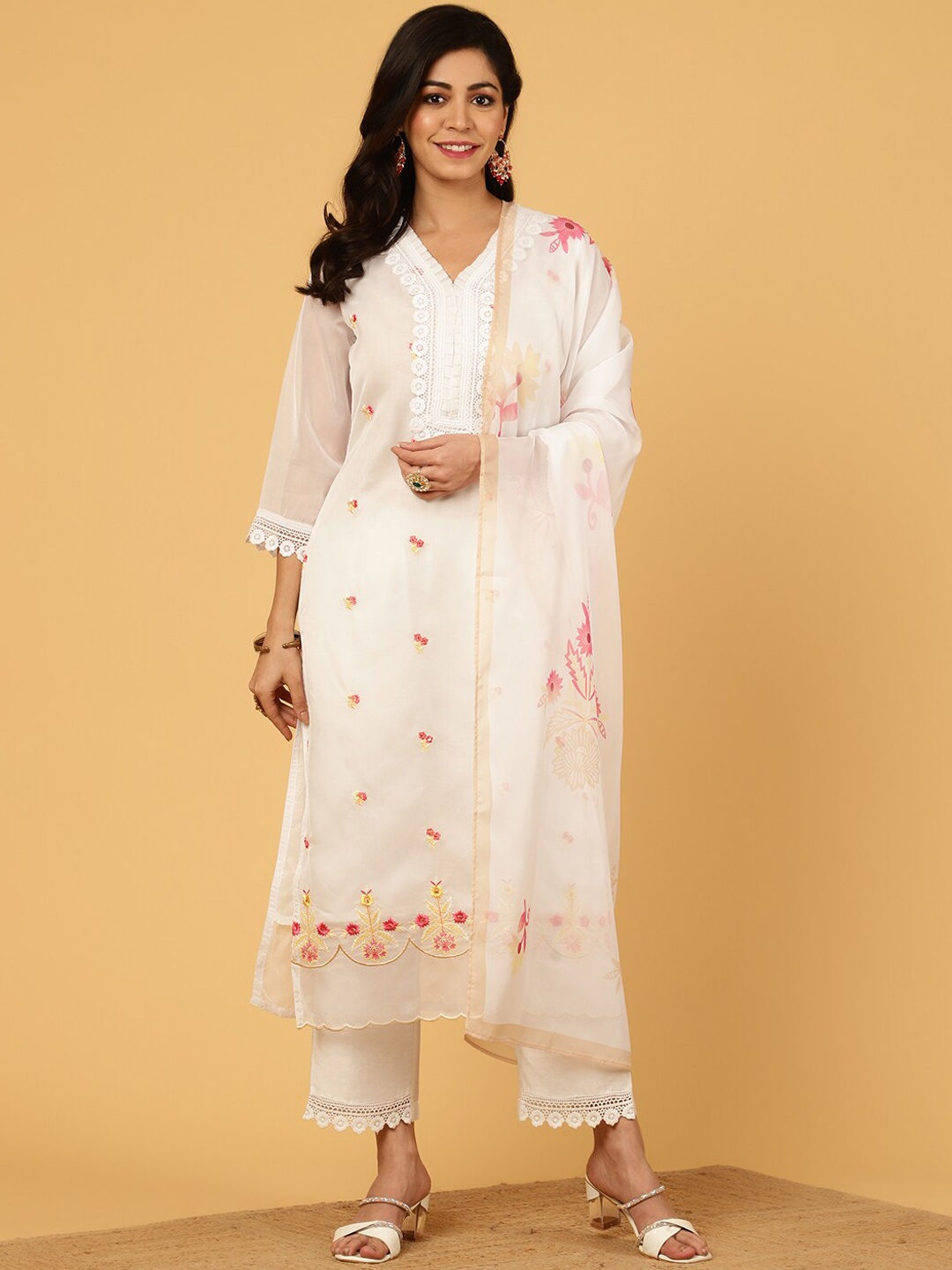 

Jaipur Kurti Embroidered Regular Thread Work Kurta with Trousers & With Dupatta, White