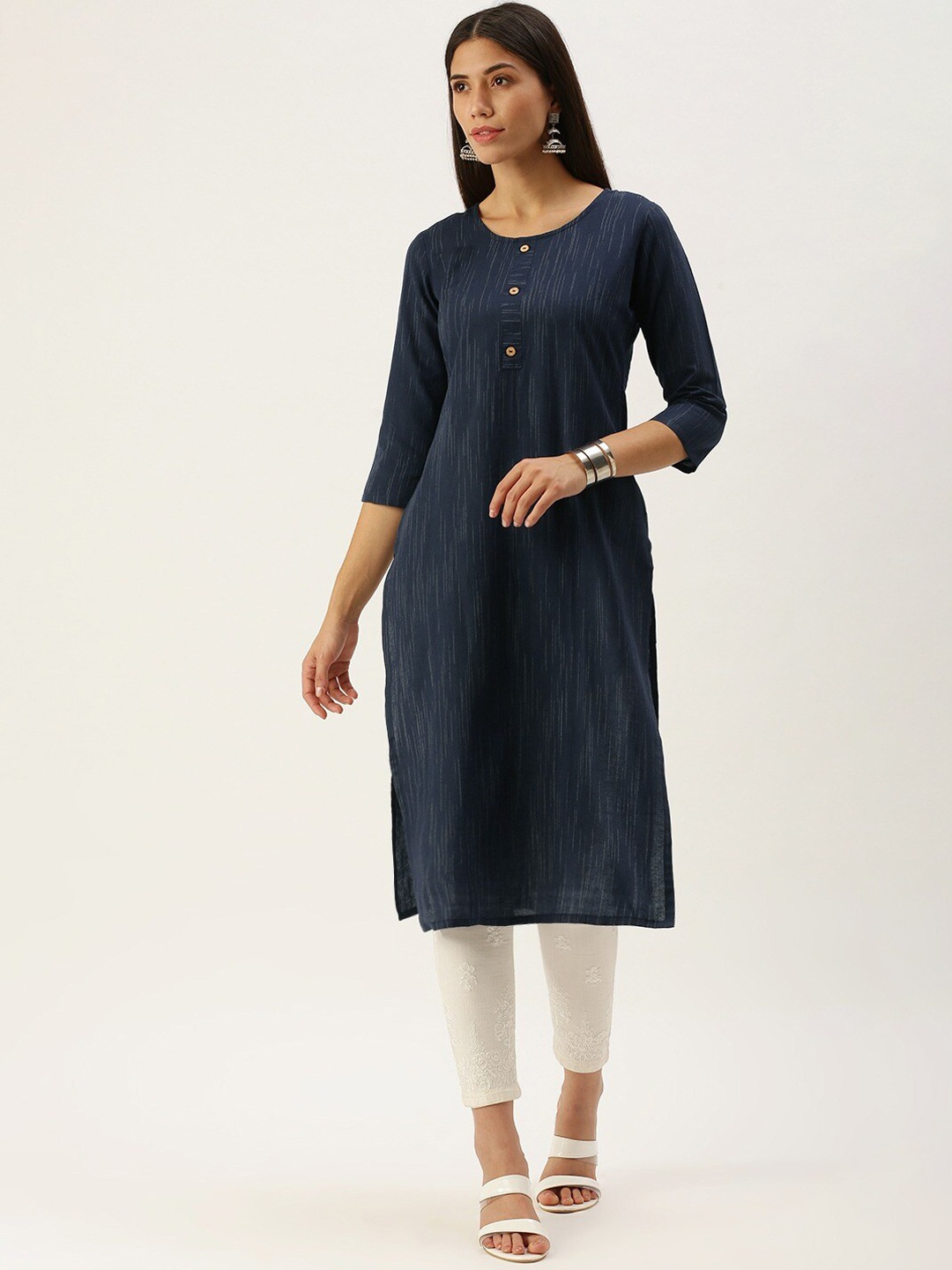 

Saanjh Women Striped Keyhole Neck Mirror Work Kurta, Navy blue