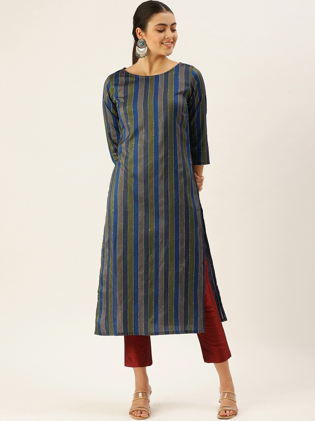 

Saanjh Green & Blue Striped Printed Sequinned Straight Kurta